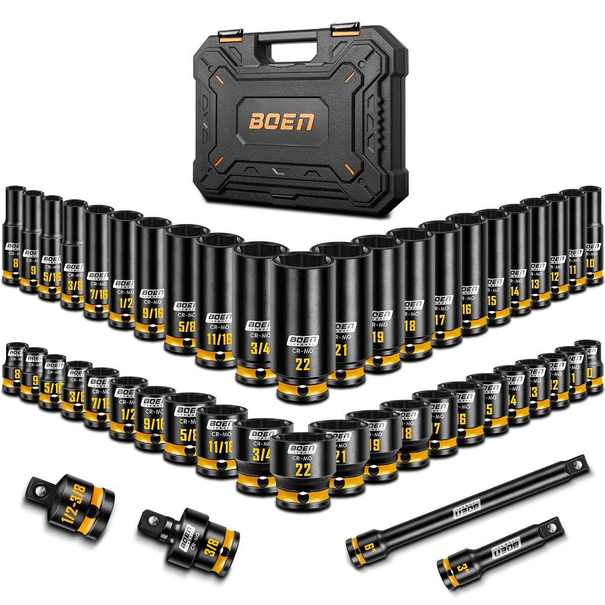 The boen 3/8 drive impact socket set in a sturdy case for versatile repairs and quick access.