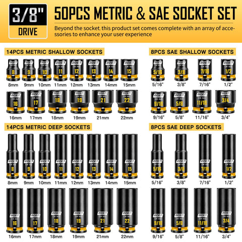 Boen 3/8 drive impact socket set metric deep sockets for versatile sizing