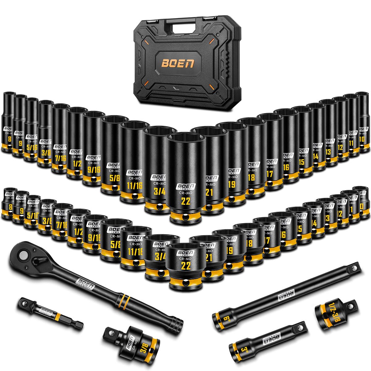 Boen 3/8 drive impact socket set SAE deep sockets for high-torque automotive use