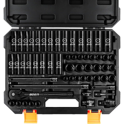 Boen 3/8-inch drive socket set with ratchet handle for automotive maintenance.