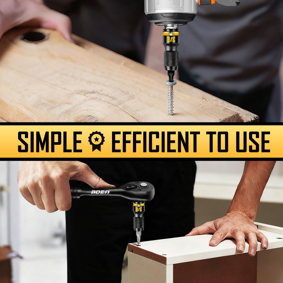 Boen adapter in action on a power tool setup for hex bits