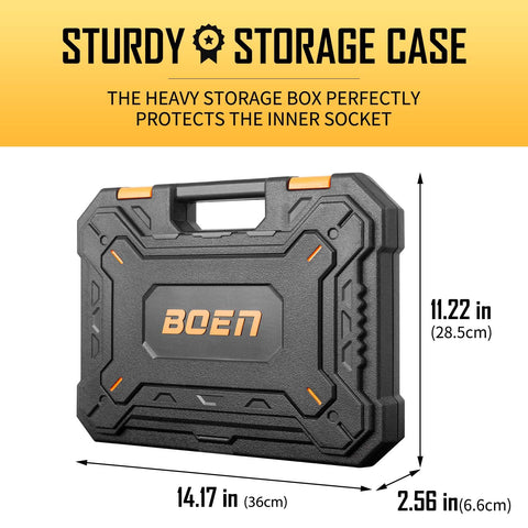 Blow-molded storage box keeps sockets organized and secure.