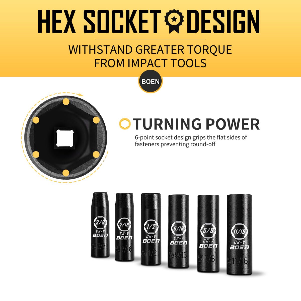Boen 6-point hex design helps grip stubborn fasteners without slipping