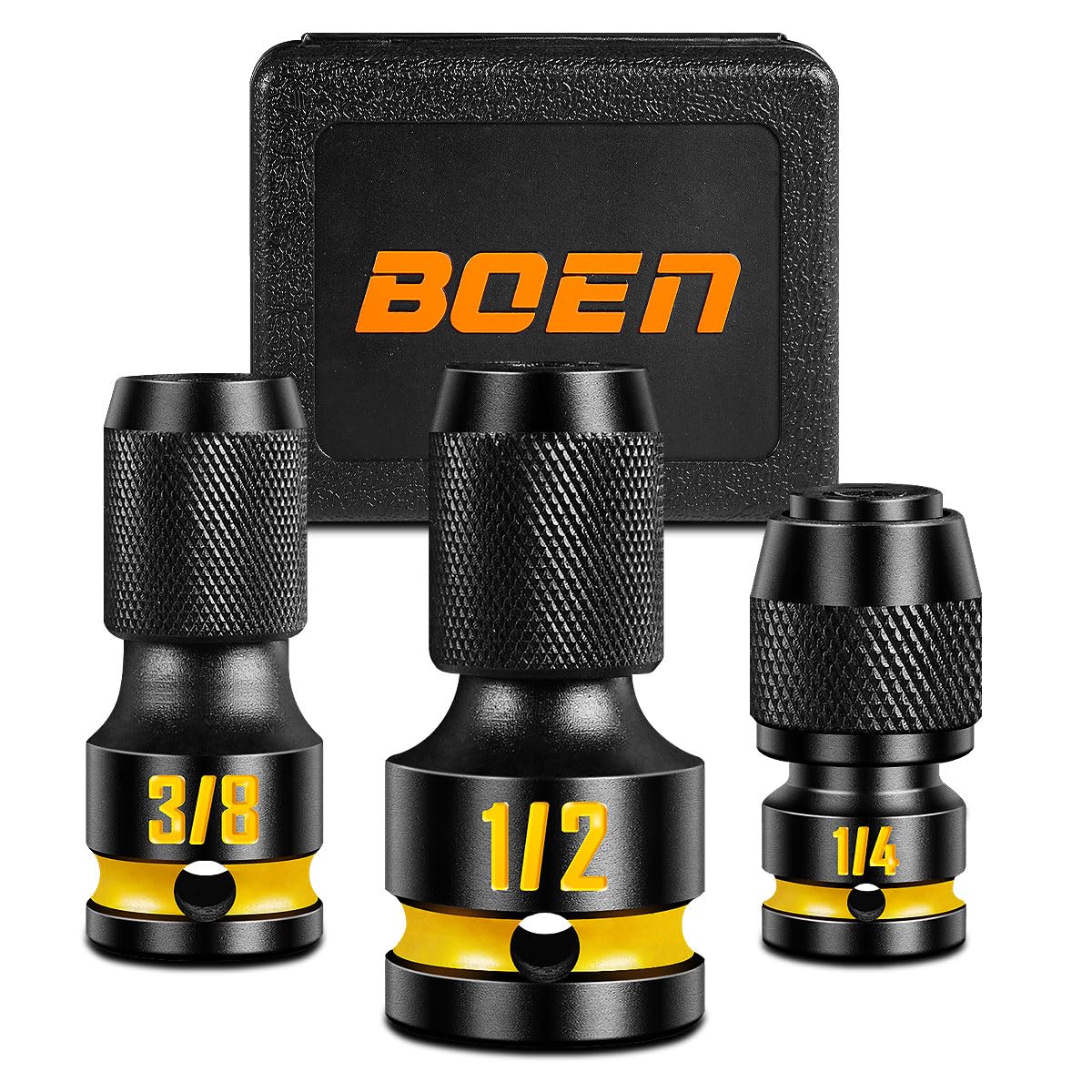 Boen drive adapter set showing 1/2, 3/8, and 1/4 to 1/4 hex conversion for versatility