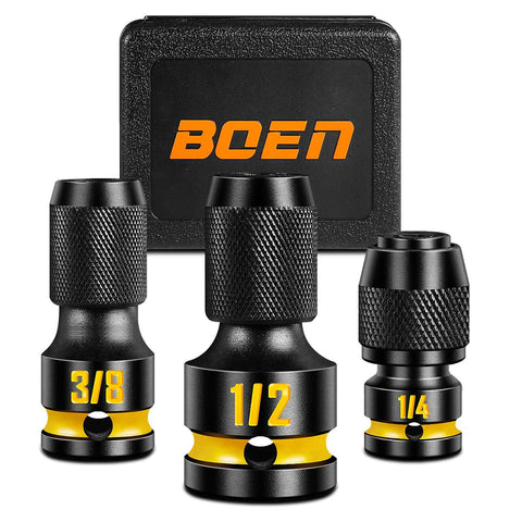 Boen drive adapter set showing 1/2, 3/8, and 1/4 to 1/4 hex conversion for versatility