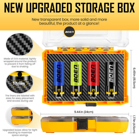 Boen socket with embossed size markings and yellow groove for visibility.