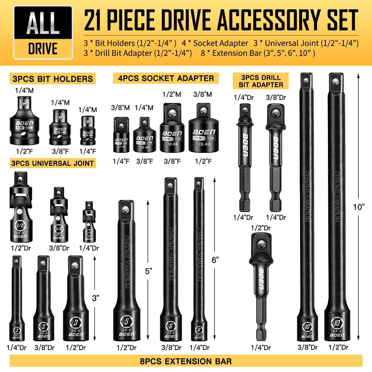 Boen 21-piece extension bar 6in expands reach for stubborn fasteners.