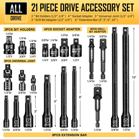 Boen 21-piece extension bar 6in expands reach for stubborn fasteners.