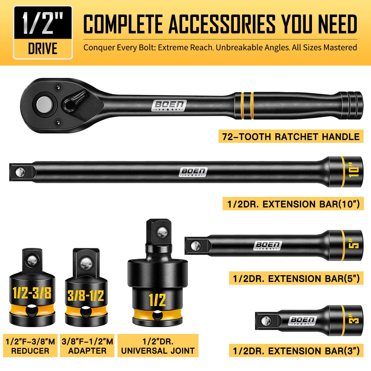 Boen extension bars in 3, 5, and 10 inches for extra reach.