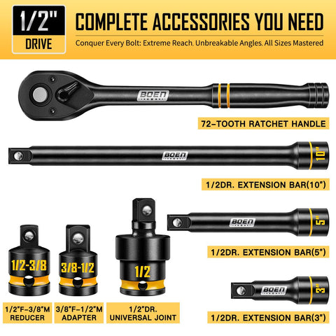 Boen extension bars in 3, 5, and 10 inches for extra reach.
