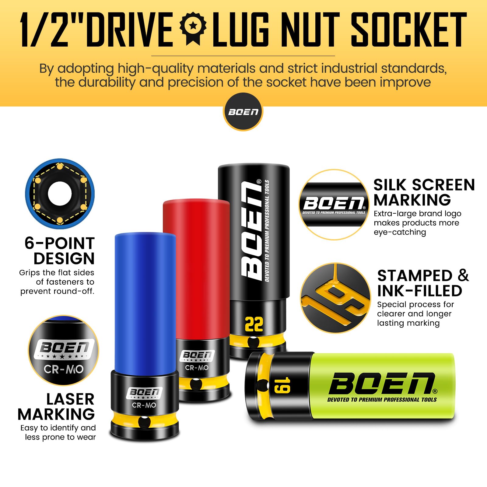 Boen 22mm black socket aids efficient wheel work with protected rims.
