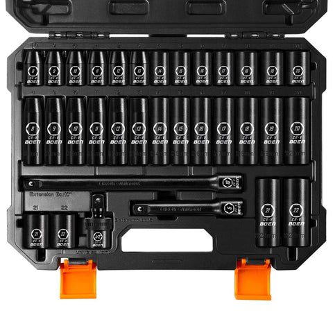 Boen half-inch drive socket set in case for portable vehicle maintenance.