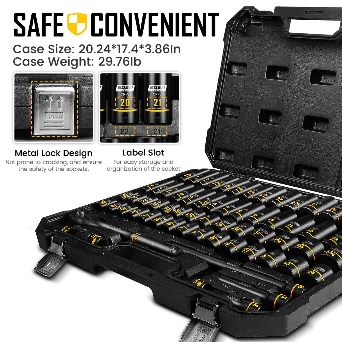 Boen labeled storage case keeping pieces secure during transport.
