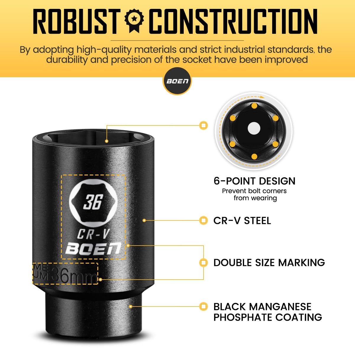 boen laser-marked deep socket set for quick size identification in tight spaces