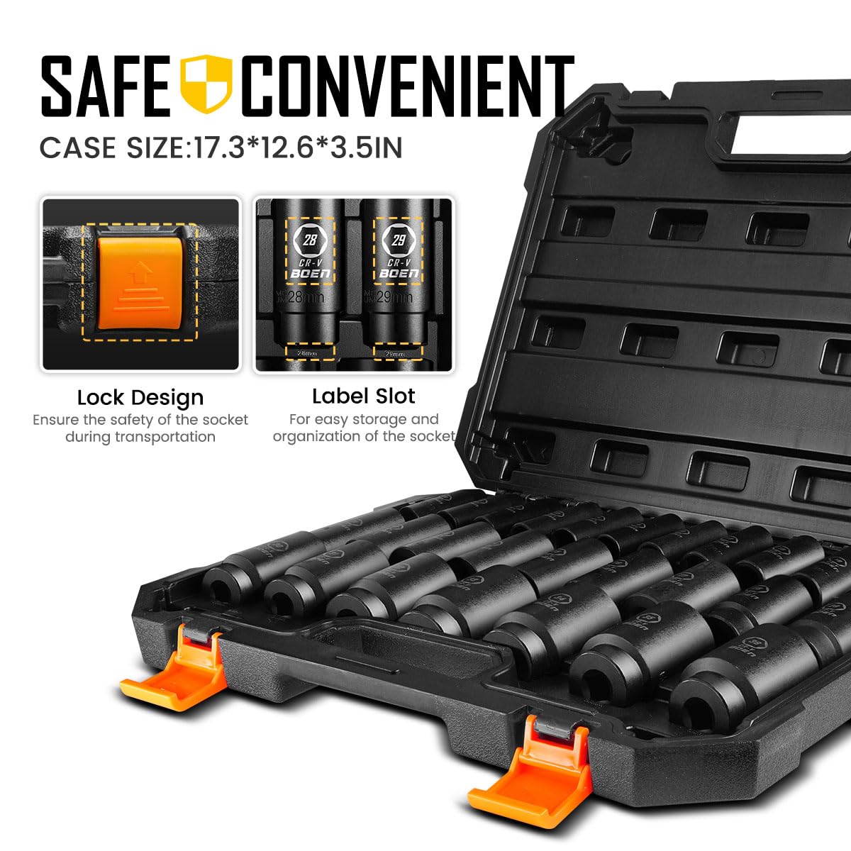 boen portable case keeps the 27 piece set organized and portable