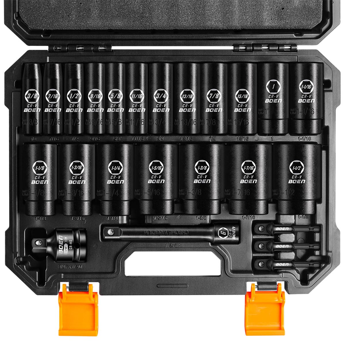 Boen SAE impact socket set in case open for quick organization.