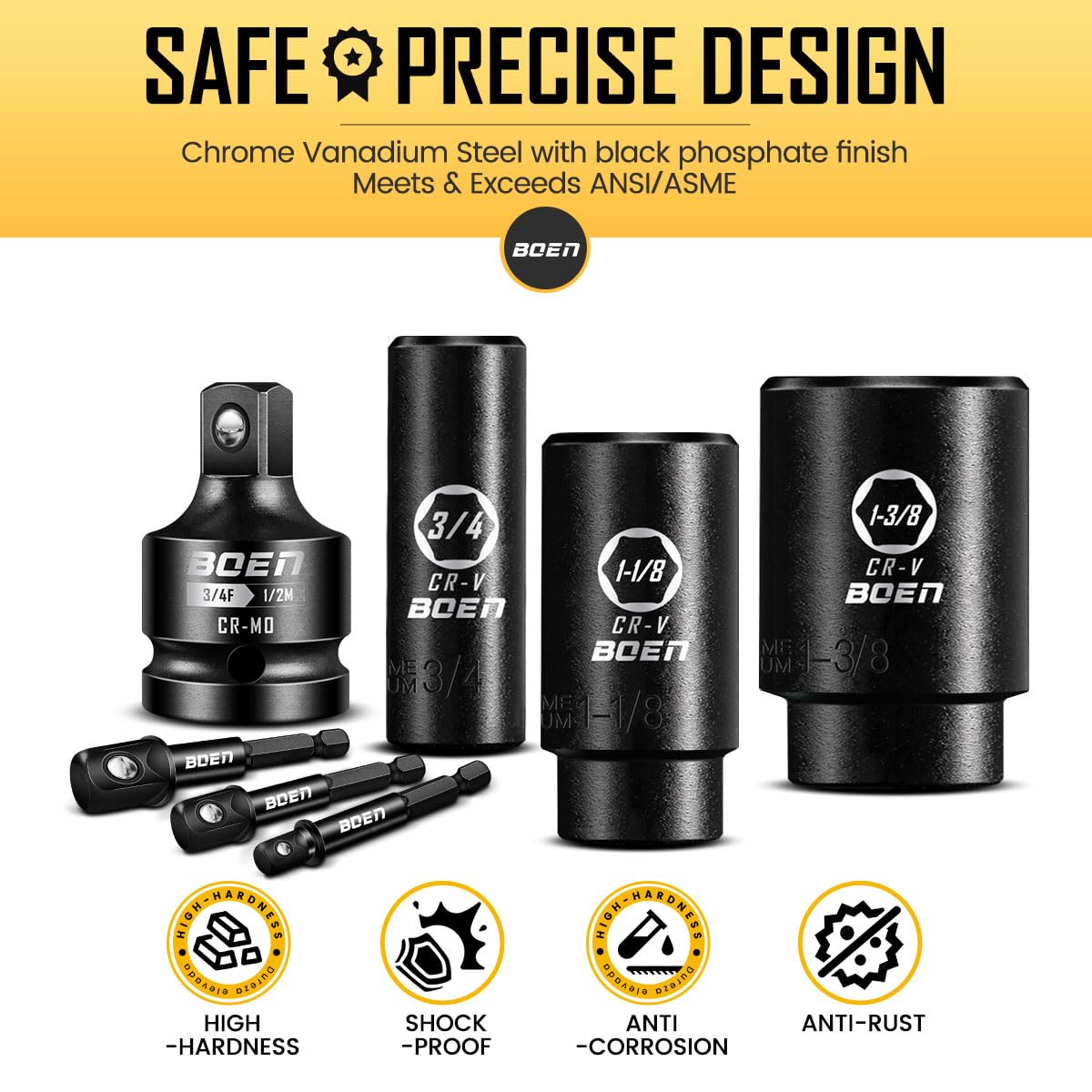 Boen sockets feature black manganese phosphate coating for corrosion resistance.
