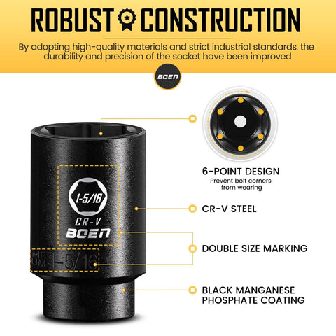 Boen deep 6-point sockets grip fasteners securely.
