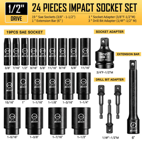 Boen socket sizes from 3/8 to 1-1/2 inches showcased for versatility.