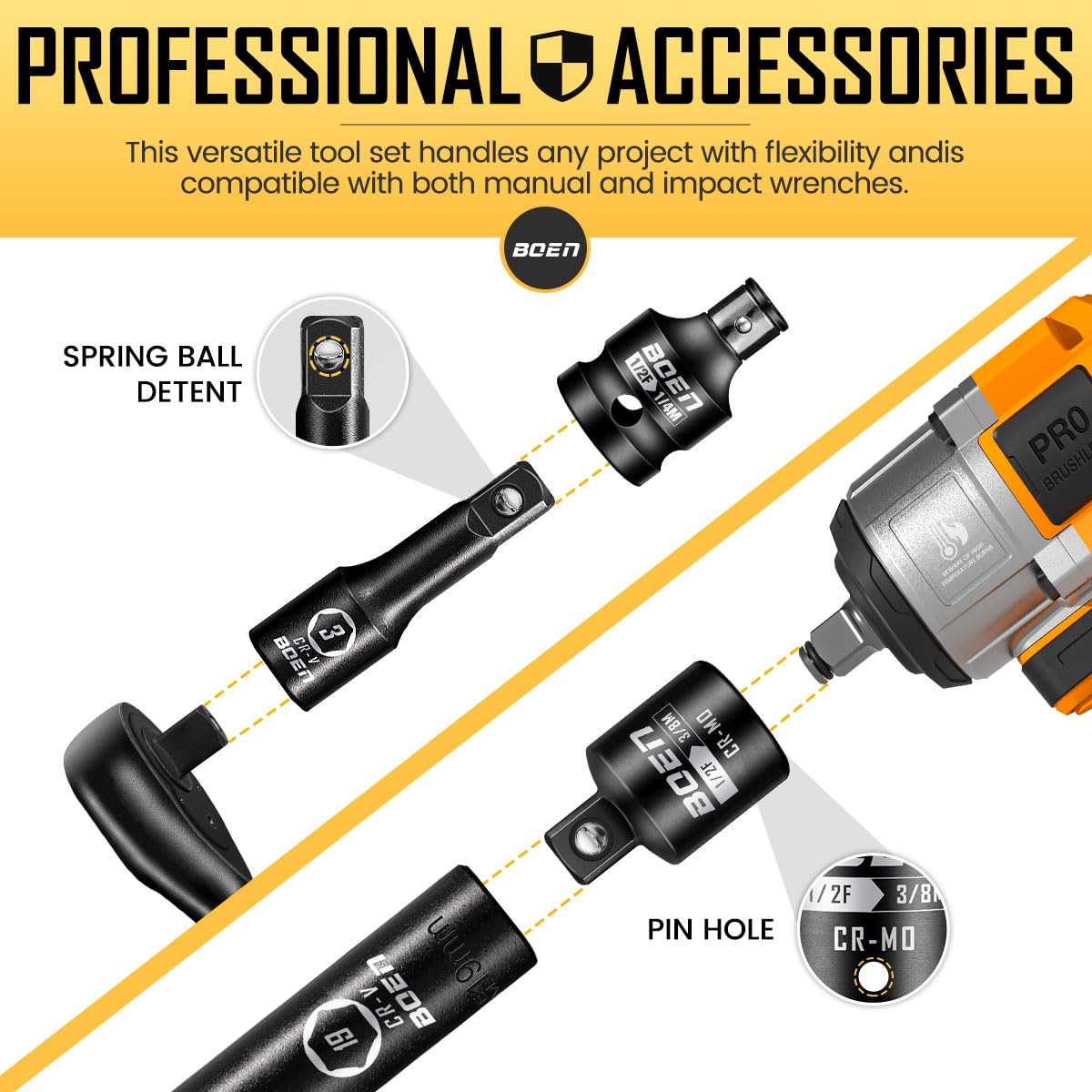 Boen socket adapter 3/8in female to 1/2in male supports larger fasteners.
