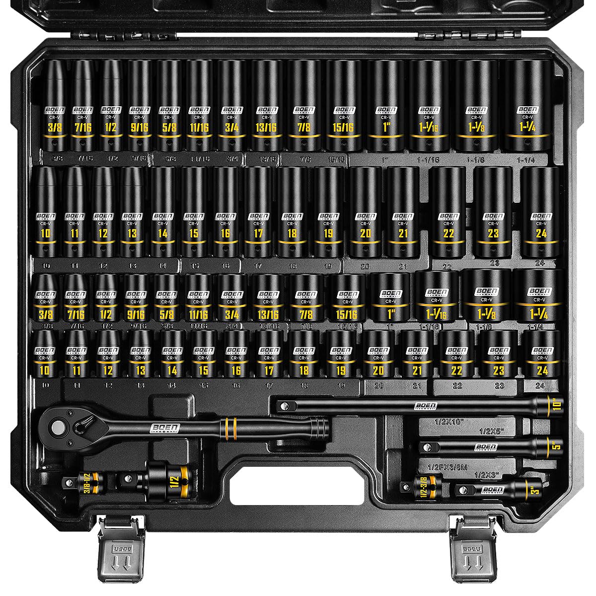 Boen socket set with case and ratchet for quick on-site organization.