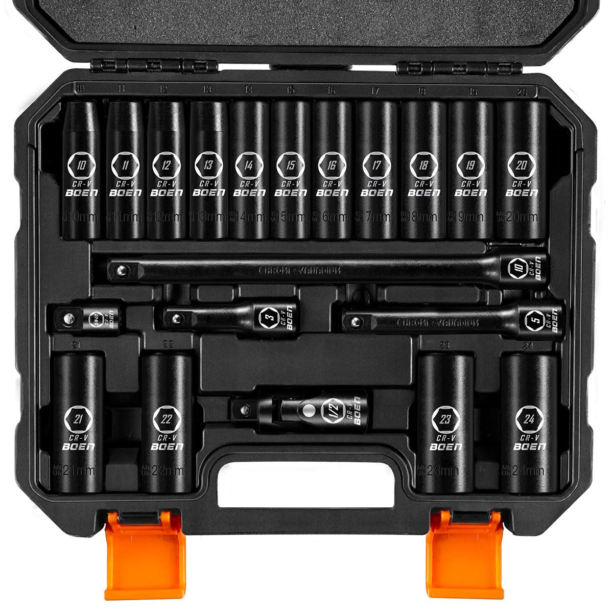 Boen socket set contents with metric sockets and accessories for home repairs.