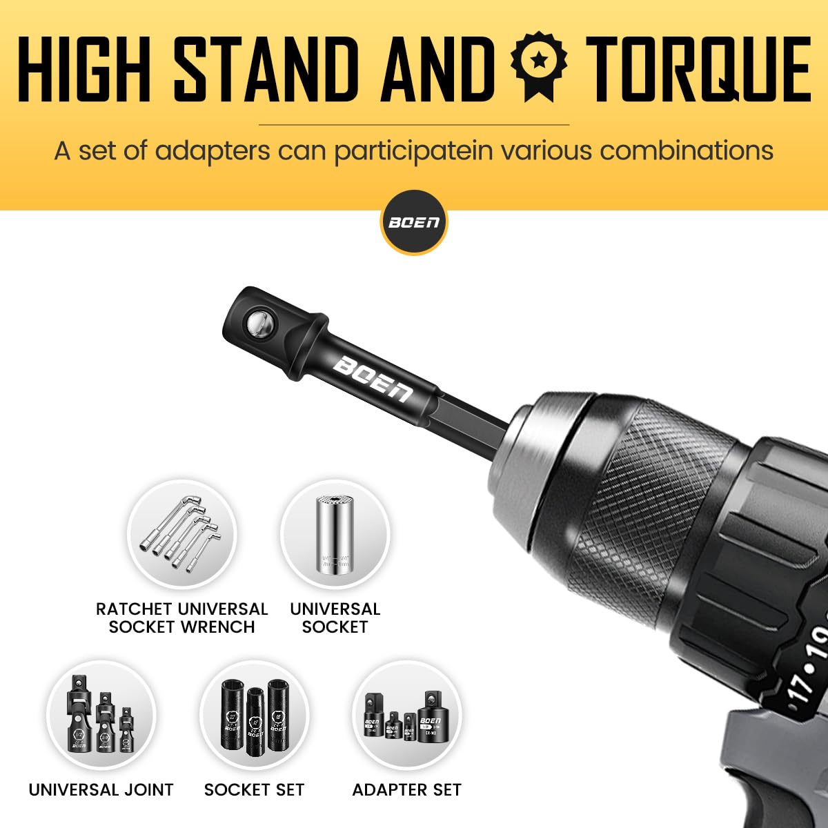 Boen adapters work with drills, impact drivers, and ratchets for versatile projects