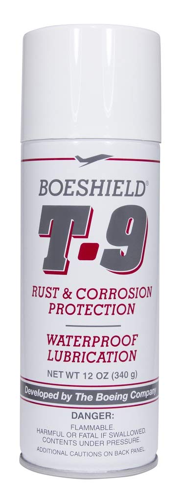 Boeshield T-9 rust protection spray applied to metal surface for waterproof lubrication.