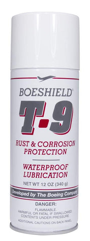 Boeshield T-9 rust protection spray applied to metal surface for waterproof lubrication.
