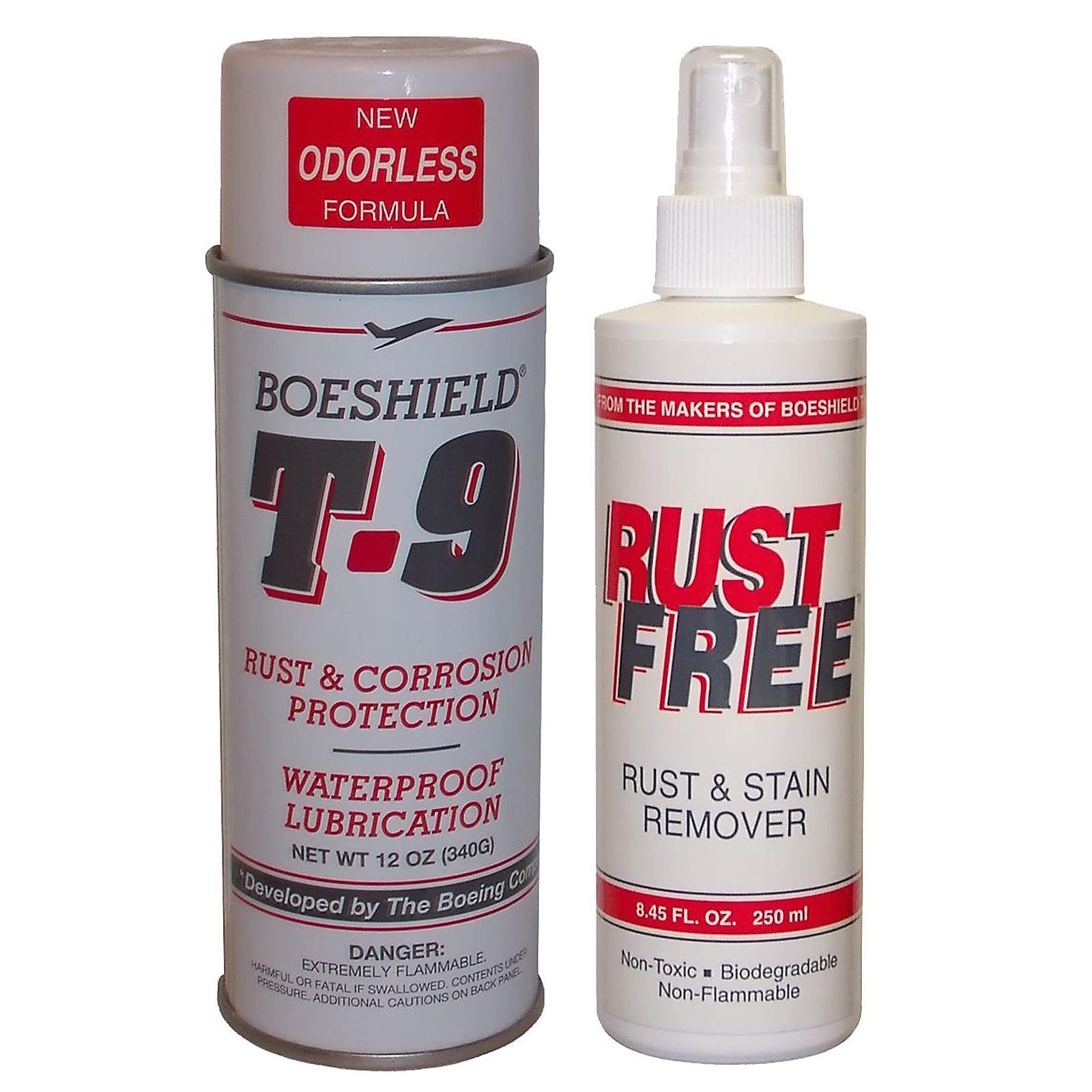 Boeshield T90128 kit with aerosol can and Rust Free bottle for corrosion protection and rust removal.
