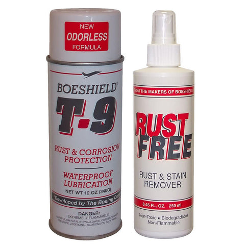 Boeshield T90128 kit with aerosol can and Rust Free bottle for corrosion protection and rust removal.