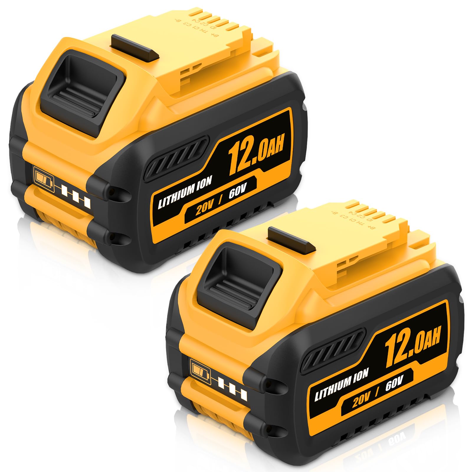 Boetpcr 2pack 12000mAh battery front view, extended runtime for Dewalt tools.