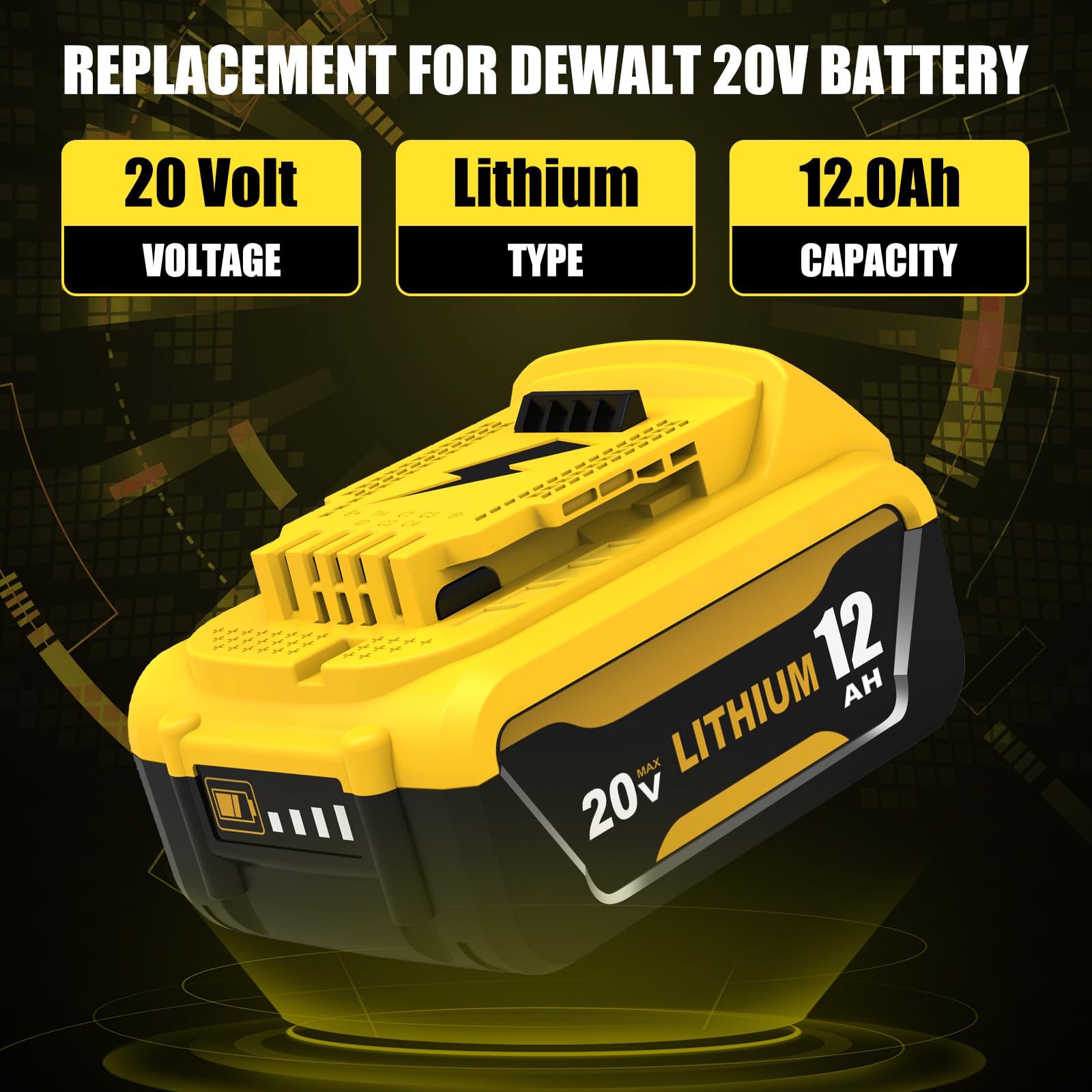 Boetpcr battery side view shows compatibility with Dewalt 20V tools