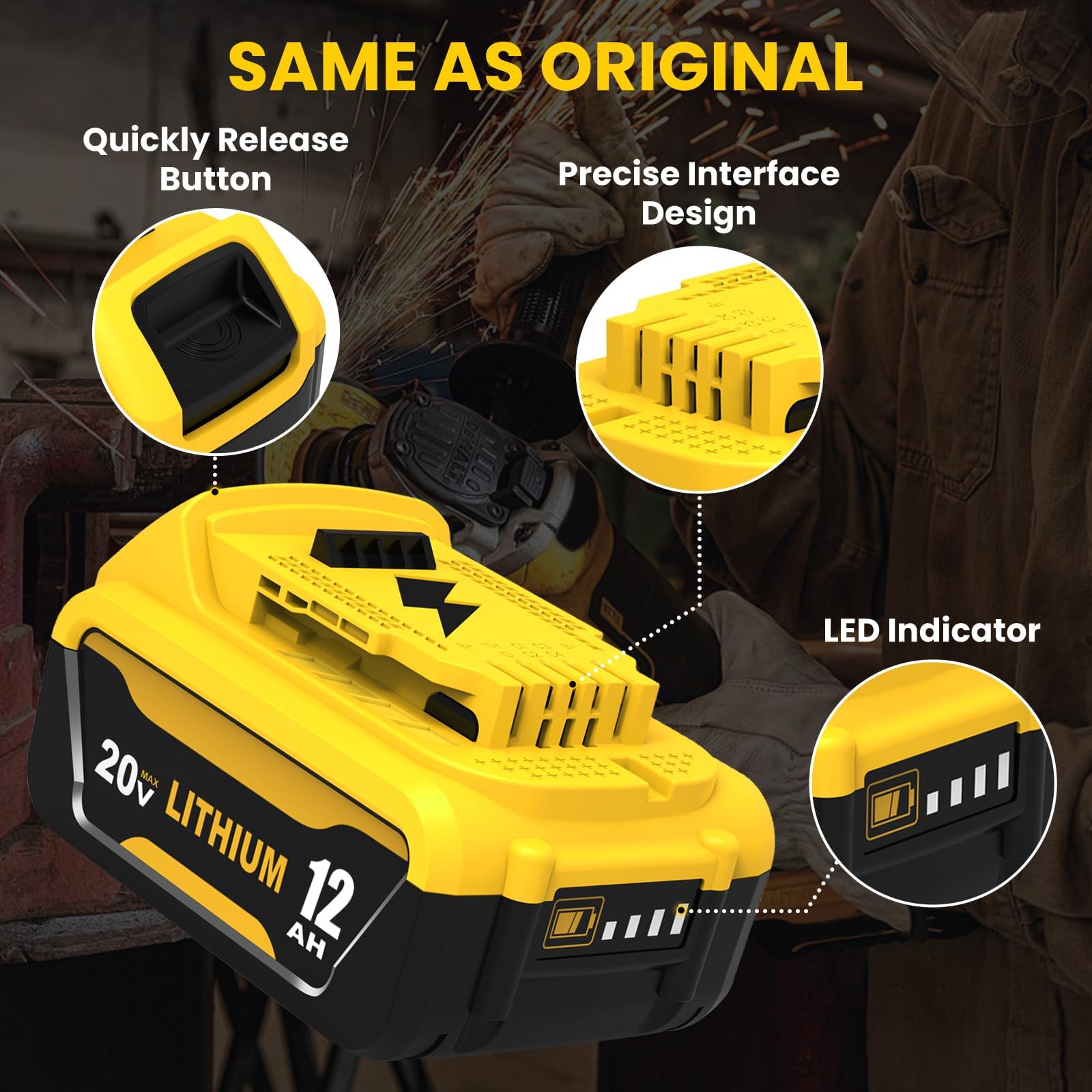 Boetpcr Dewalt 20V battery with LED indicator aids charging status.