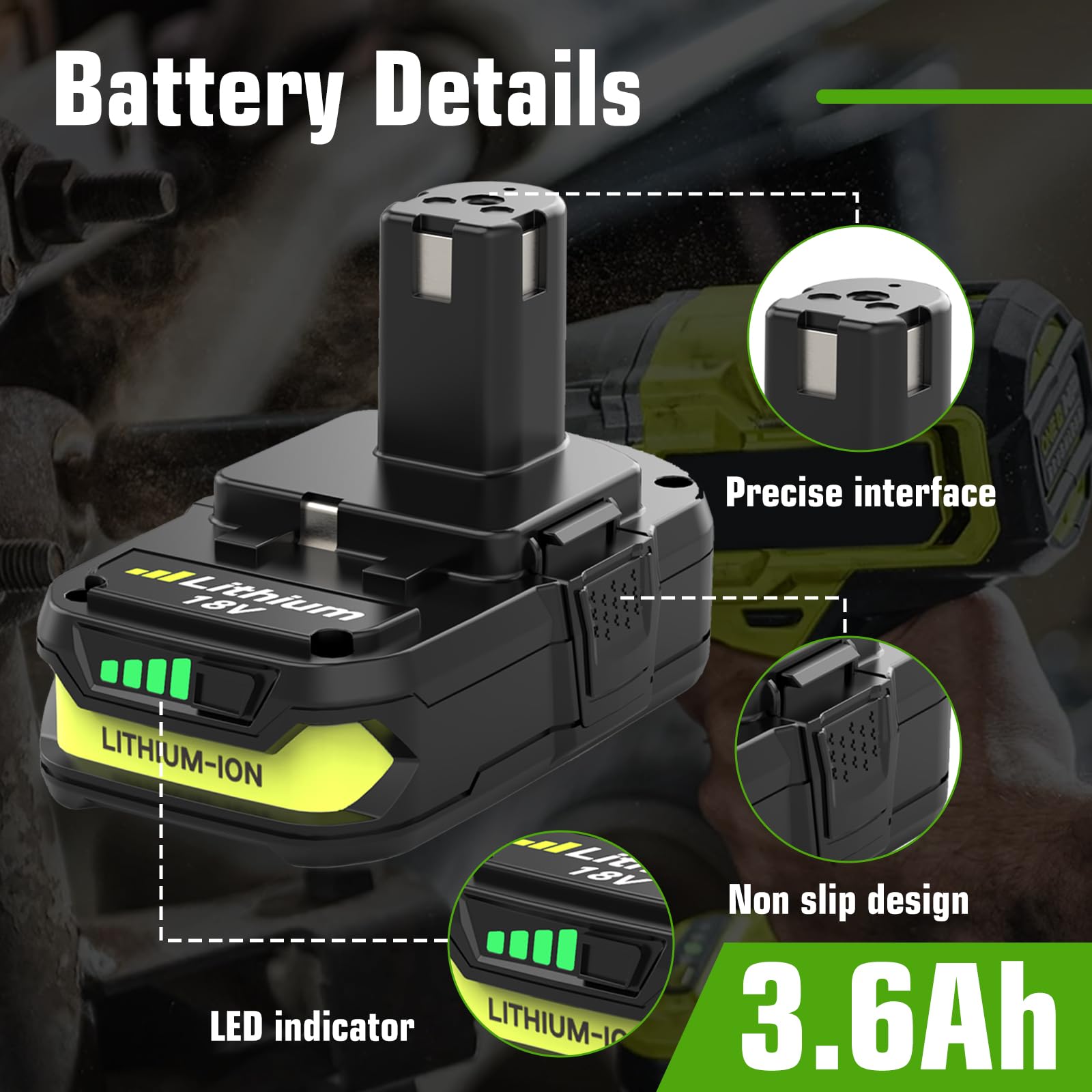 Boetpcr Ryobi 18V 3600mAh indicator display close-up shows charge level