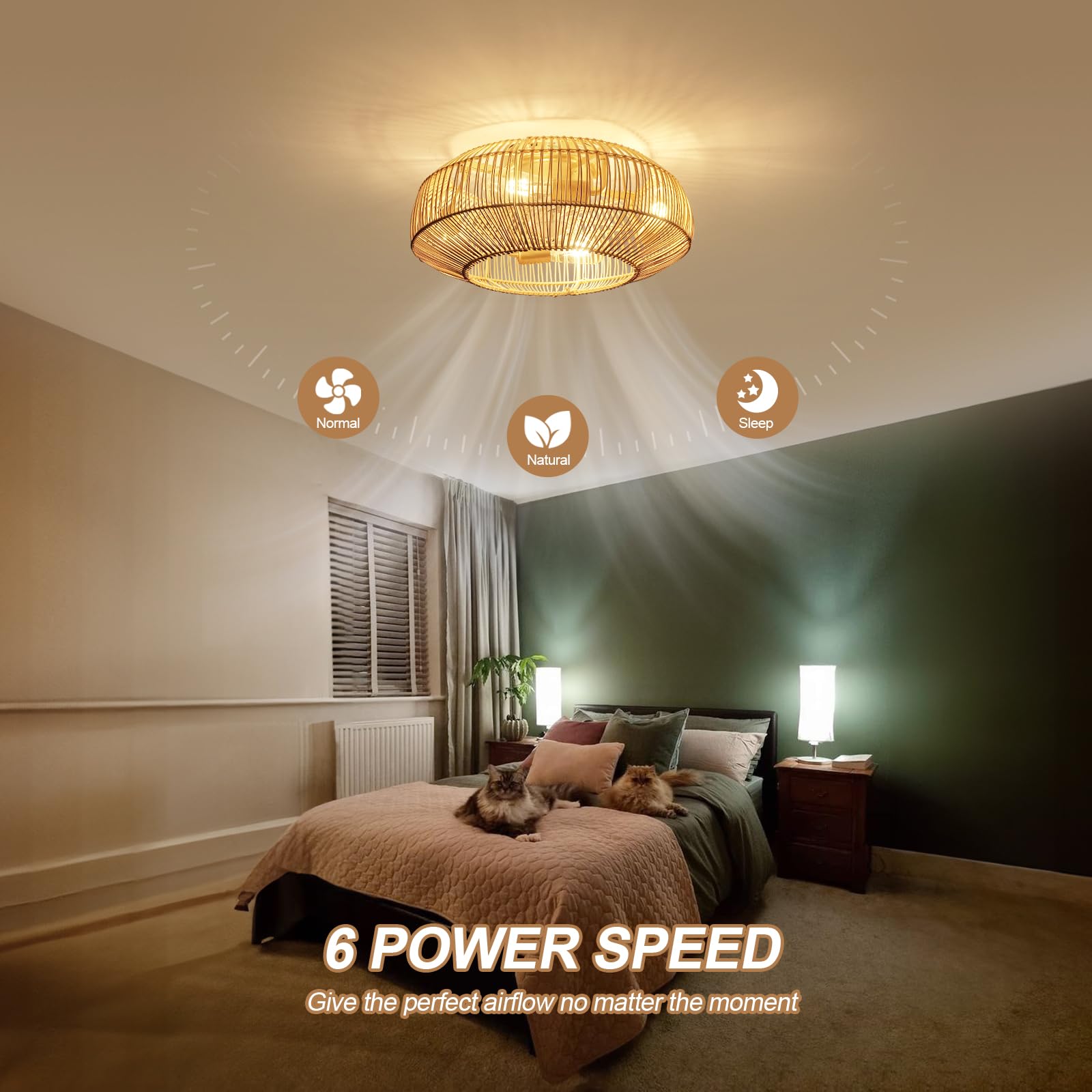 Boho Caged 20in fan with light, bedroom setup example.