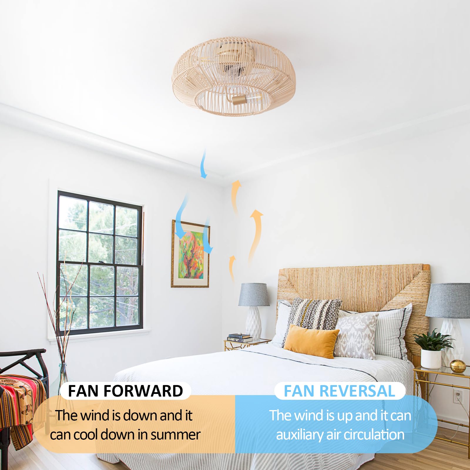 Boho Caged 20in fan with light, ceiling-mount close-up showing sleek rattan detail.