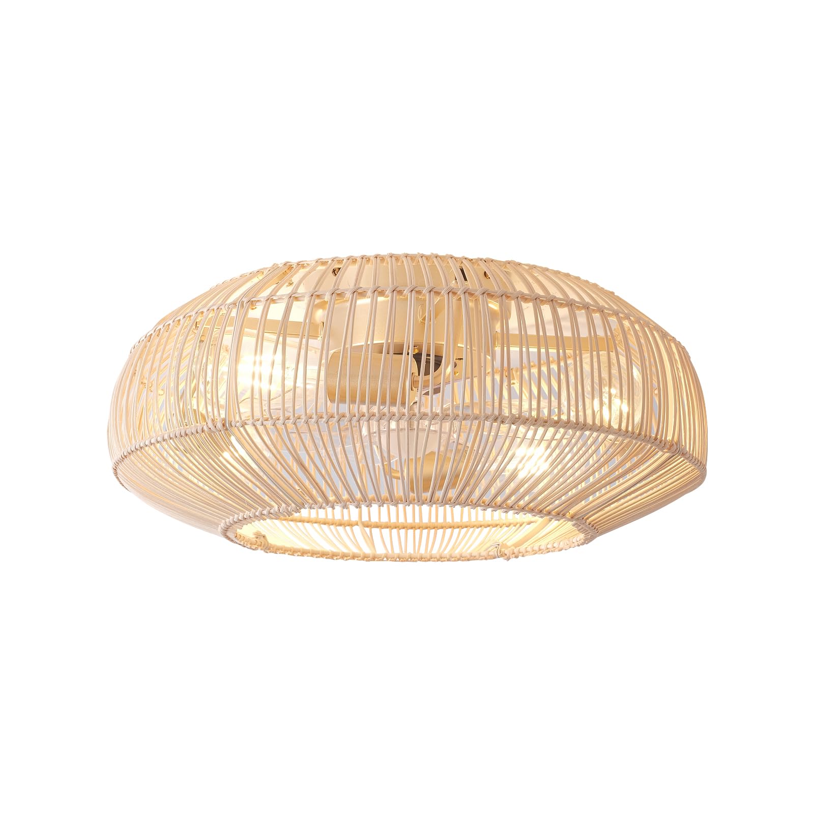 Boho Caged 20in fan with light, Edison glow creates soft ambience.