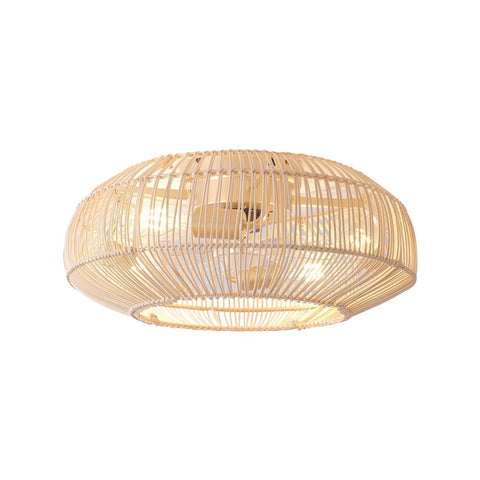Boho Caged 20in fan with light, Edison glow creates soft ambience.