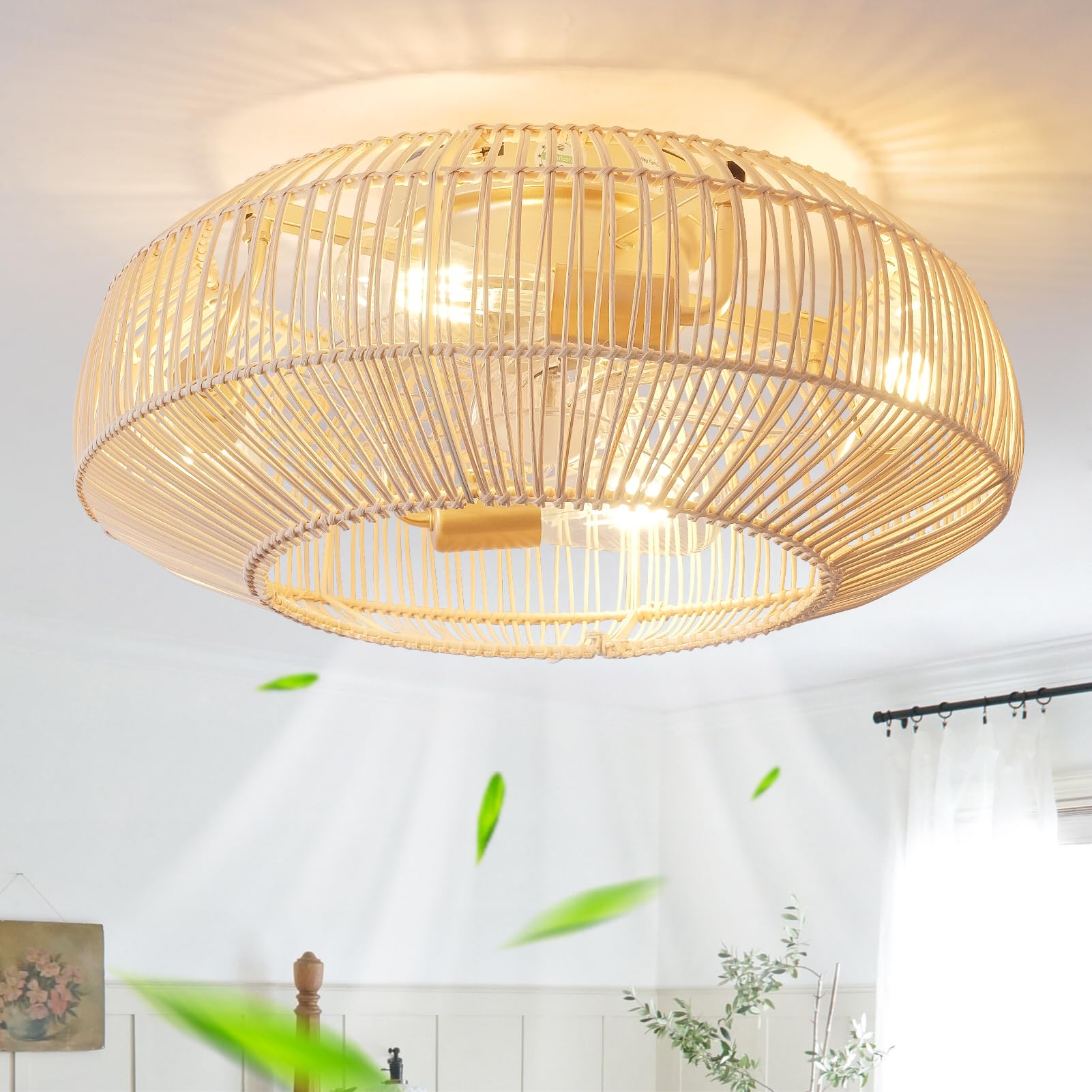 Boho Caged 20in fan with light, front view, ideal for cozy living rooms.