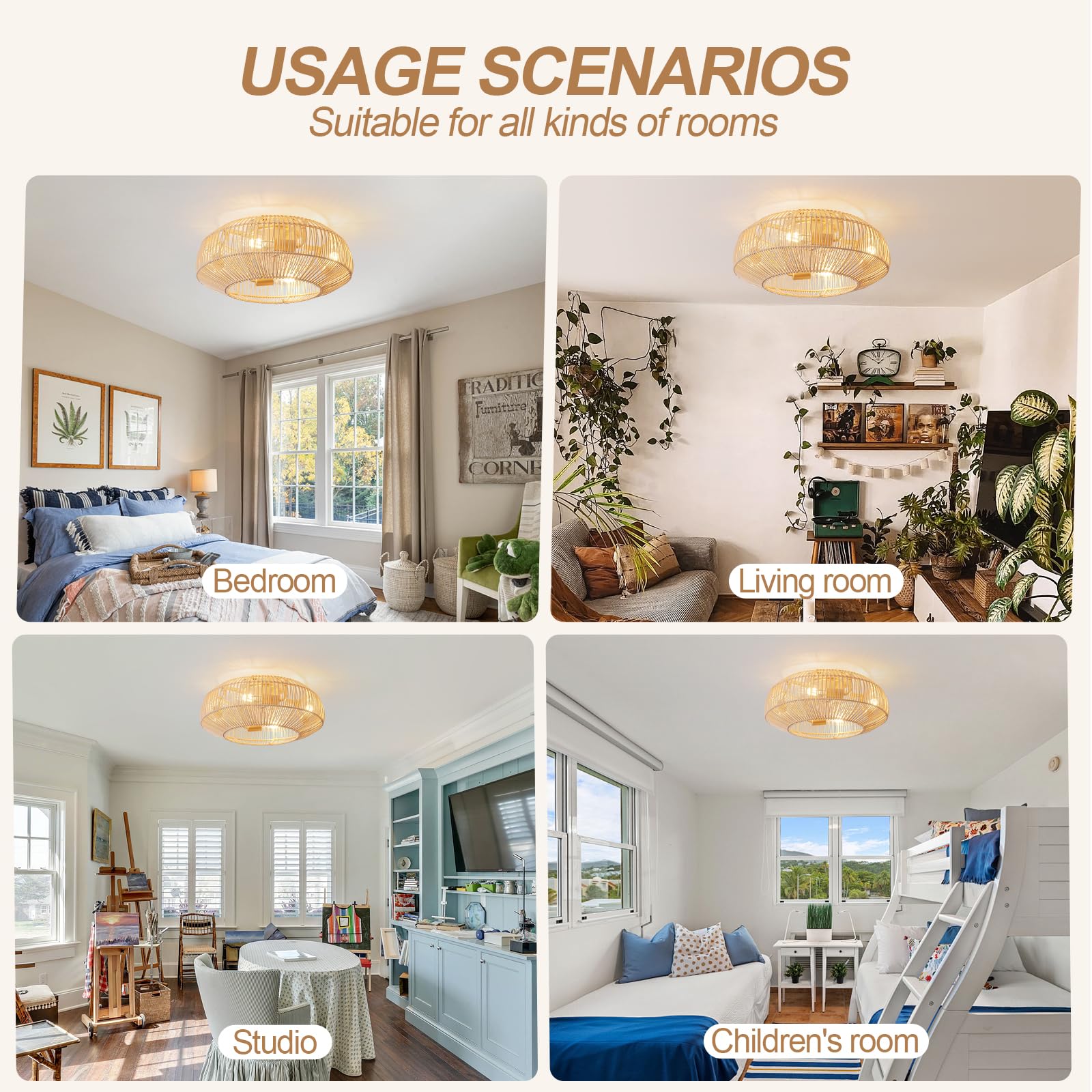 Boho Caged 20in fan with light, nursery-friendly design setup.