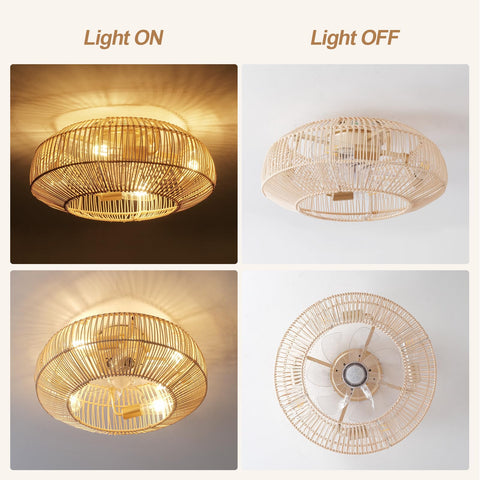 Boho Caged 20in fan with light, close-up texture of rattan shade.
