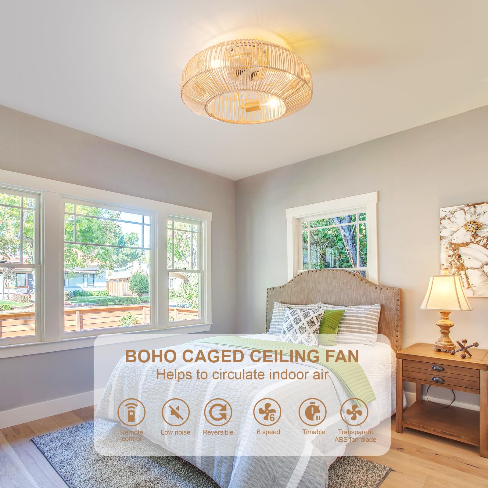 Boho Caged 20in fan with light, remote control handle in view.