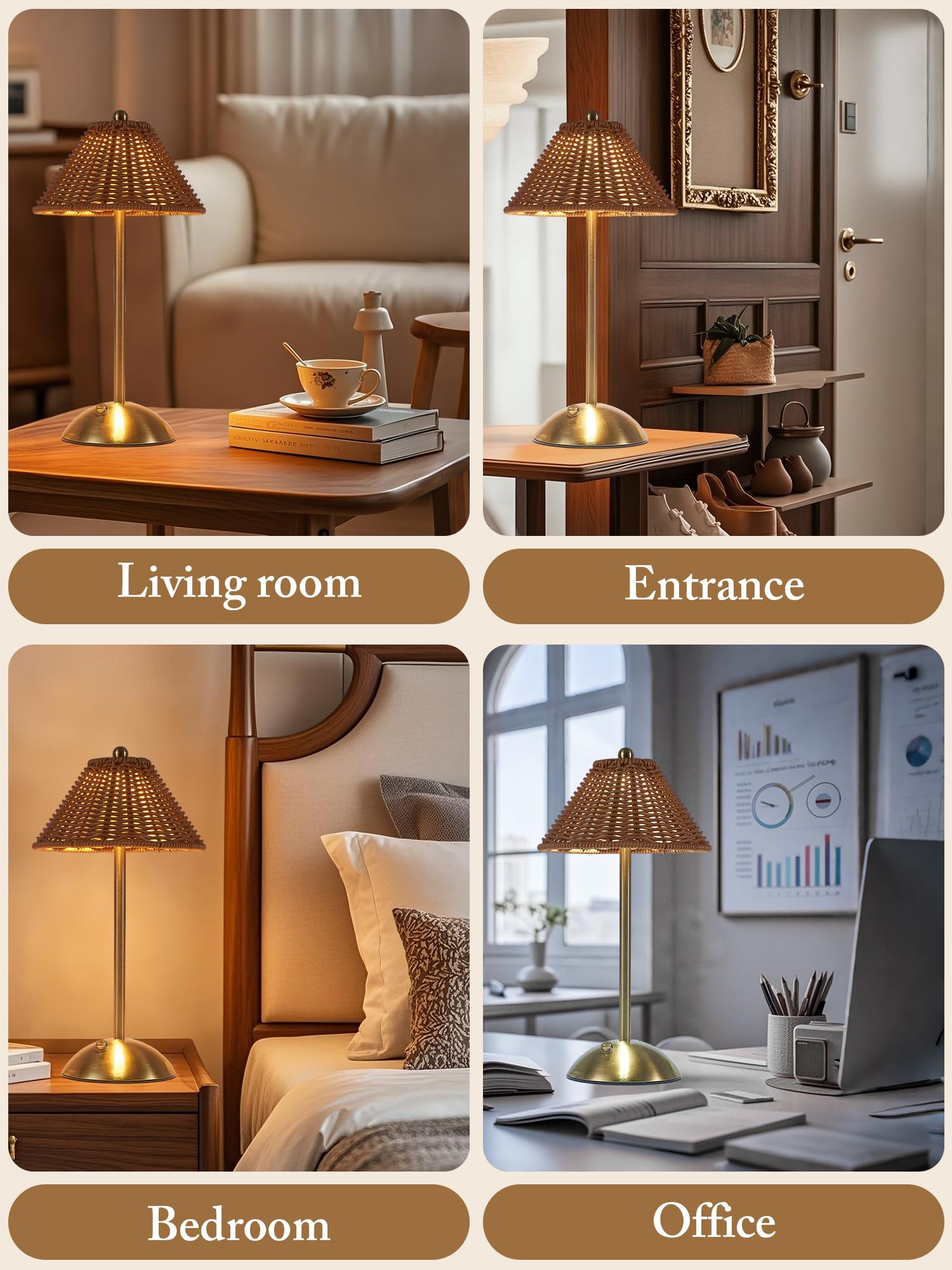 Boho Rattan Table Lamp adds ambient lighting to a living room setup