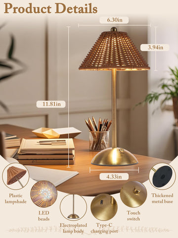 Boho Rattan Table Lamp in a reading scene with warm glow