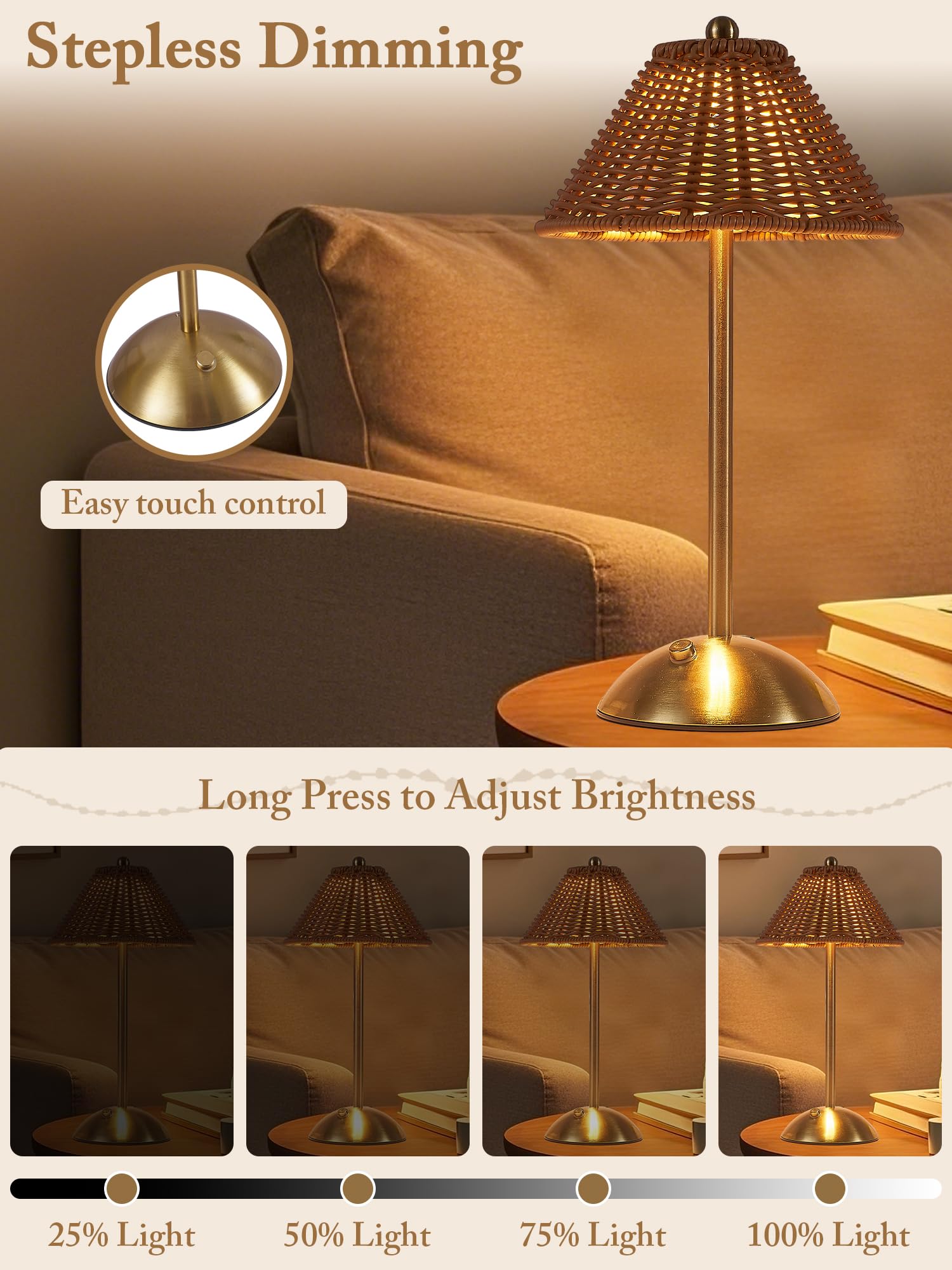 Boho Rattan Table Lamp touch control base allows easy brightness adjustment