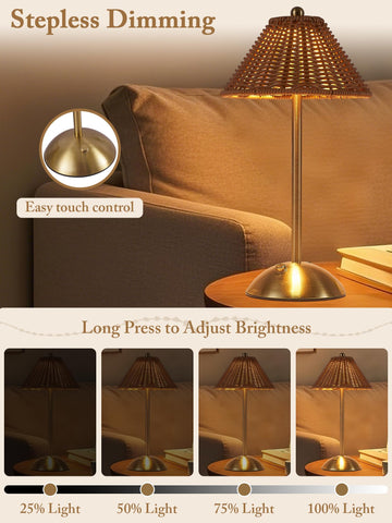 Boho Rattan Table Lamp touch control base allows easy brightness adjustment