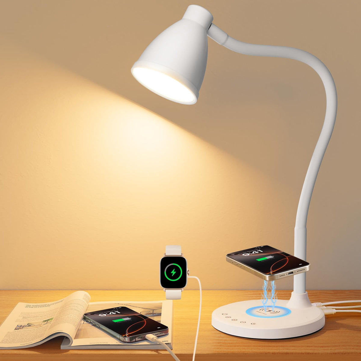 BOHON desk lamp with dual charging hub and wireless charger for convenient power at work
