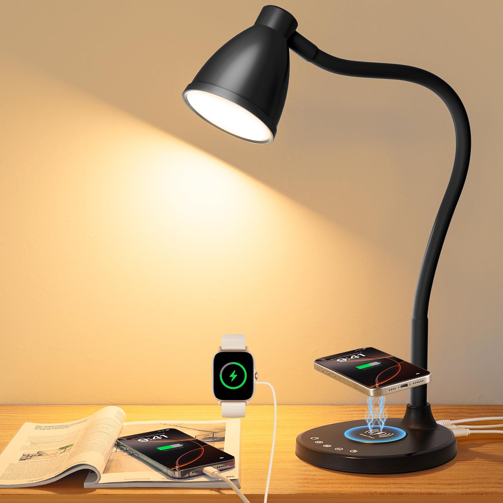 BOHON desk lamp with dual charging ports and wireless charger for a tidy workspace.