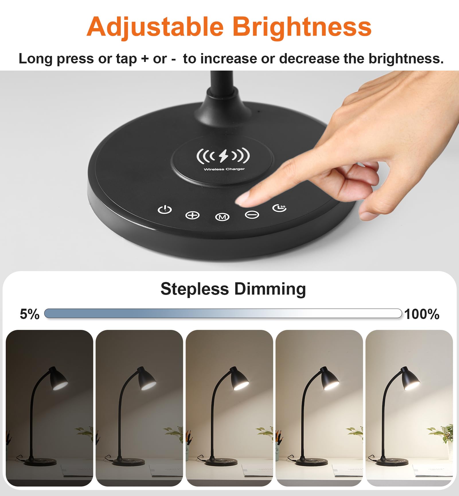 BOHON adjustable neck directs light precisely for reading or work.